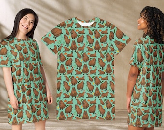 Cute Capybara Eating Nom Noms T-shirt Dress Cute Animal Pajamas Capybara Fan Animal Gift Loungewear