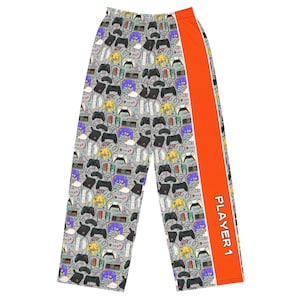 Retro Gamer “Player 1” Co-Op Pj Pant, Couples Game Night Pajamas, Video Gamer Gift unisex wide-leg pants