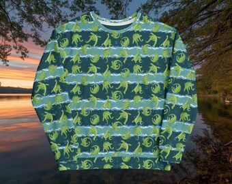 Loch Ness Monster Unisex Pullover Sweatshirt in Green: Recycled Fabric Cryptid Nessie Design