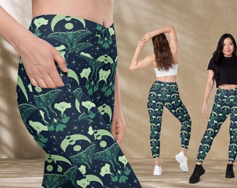 Celestial Eclipse, Lunar Moth Wear, Moon Lilly and Stars Leggings with pockets, Eco Friendly Recycled Witchy Vibes Yoga Pants