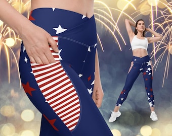 Star Spangled Red, White & Blue Leggings: Patriotic Summer Celebration Comfy Yoga Pants