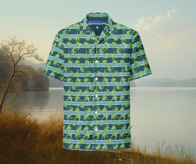 Loch Ness Monster Button-Down Shirt: Recycled Fabric Cryptozoology Loungewear Apparel image 13