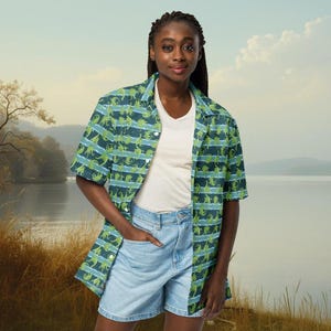 Loch Ness Monster Button-Down Shirt: Recycled Fabric Cryptozoology Loungewear Apparel image 3