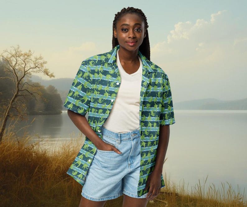 Loch Ness Monster Button-Down Shirt: Recycled Fabric Cryptozoology Loungewear Apparel image 3