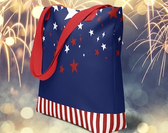 Star Spangled Red, White & Blue Festive Tote Bag: July 4th Holiday Gift Carry All