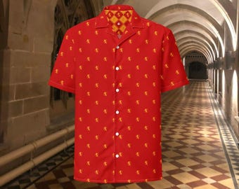 Red & Gold Lion House Button-Up Shirt: Recycled Polyester Party Shirt