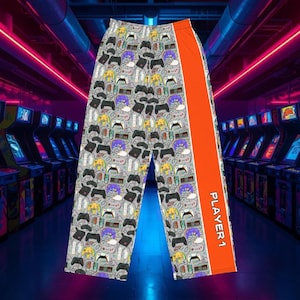 Retro Gamer Controller Print Pajama Pants: "Player 1" Comfy Gift Lounge Pants