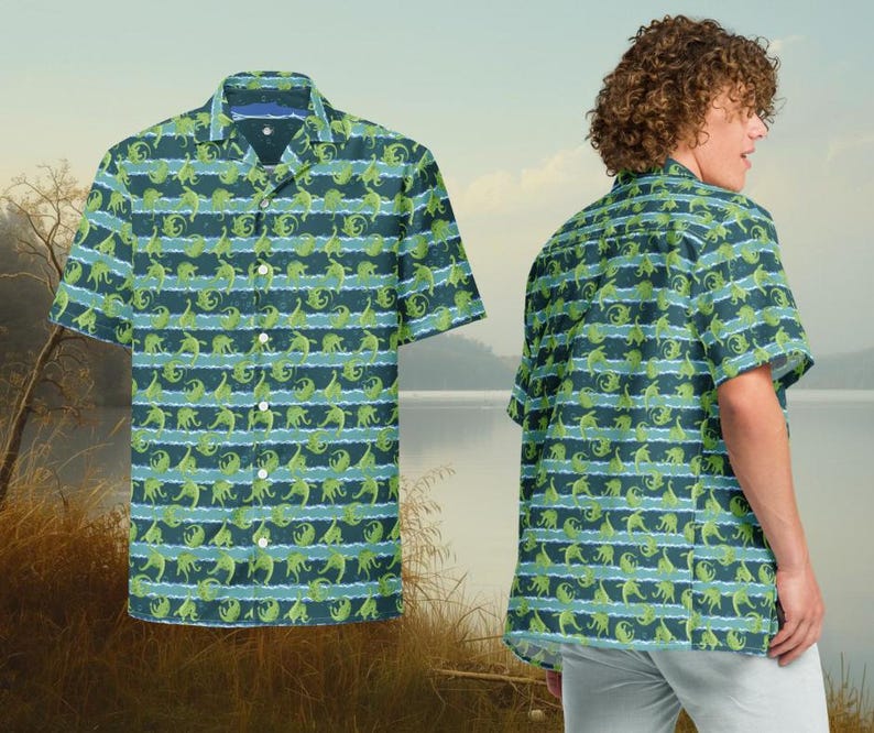 Loch Ness Monster Button-Down Shirt: Recycled Fabric Cryptozoology Loungewear Apparel image 4