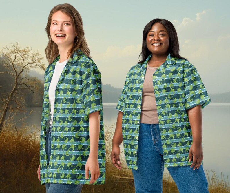 Loch Ness Monster Button-Down Shirt: Recycled Fabric Cryptozoology Loungewear Apparel image 6