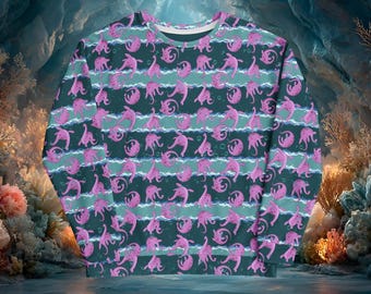 Loch Ness Monster Unisex Pullover Sweatshirt in Pink: Recycled Fabric Cryptid Nessie Design