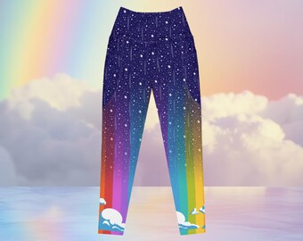 Rainbow Stargazer Starry Night Yoga Pants: Vibrant Color Athleisure Leggings with Pockets