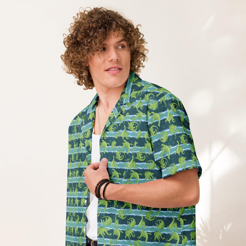 Loch Ness Monster Button Down Cryptid Nessie Button Up Green Lake Monster Cryptozoology Shirt