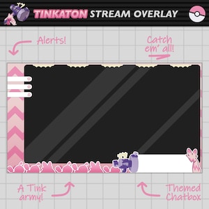 Peut inclure: Une superposition de flux rose et blanche avec un fond noir. La superposition présente un motif en chevron rose et blanc, une boîte blanche avec trois lignes et une boîte de discussion rose et blanche. Le texte "TINKATON STREAM OVERLAY" est en haut de la superposition. Le texte "Alerts!" est dans le coin supérieur gauche. Le texte "Catch em' all!" est dans le coin supérieur droit. Le texte "A Tink army!" est dans le coin inférieur gauche. Le texte "Themed Chatbox" est dans le coin inférieur droit.
