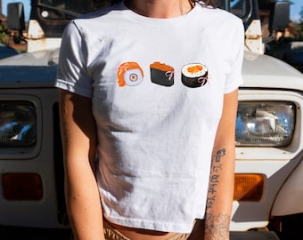 Sushi and Pink Bow Baby Tee • Y2K 90s Crop Top