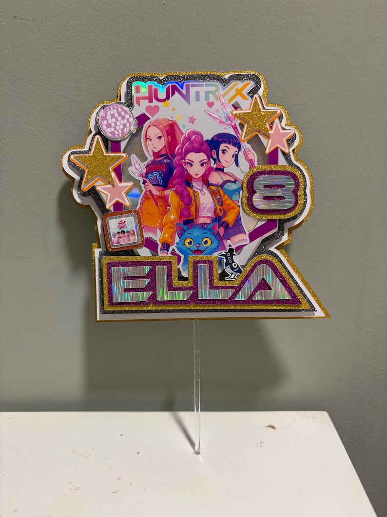 Handmade Kpop Demon Hunter Cake Topper | K-Pop Birthday Party Decor | Anime Inspired Demon Slayer Theme | Custom Name Cake Decoration image 4