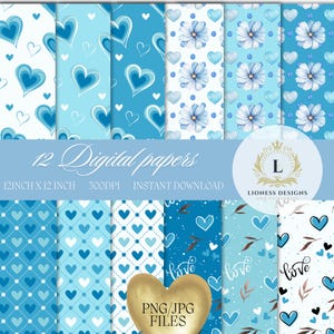 Valentine Seamless Digital paper, Blue Hearts Pattern, Cold Heart, Scrapbooking, PNG and JPG