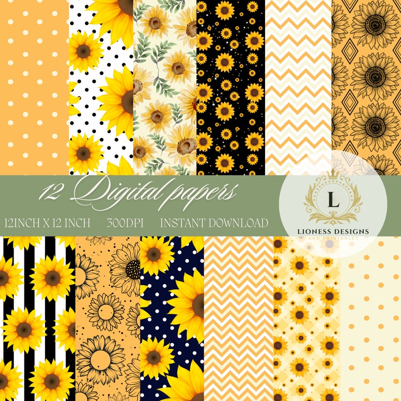 Sunflower Mix Digital Paper Pattern - Sunflower Pattern for Personal ...
