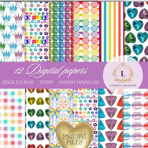Puede incluir: Una colección de 12 papeles digitales con diversos diseños, incluyendo coronas, motivos Pride, gemas, gafas de sol arcoíris y rayas. Los papeles miden 30.48 cm x 30.48 cm y están disponibles para descarga instantánea.