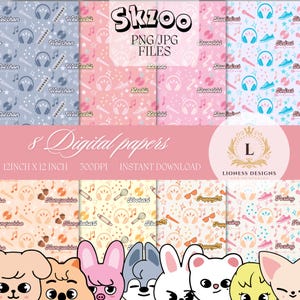Peut inclure: Huit papiers numériques avec des motifs variés, dont des notes de musique, des casques et des personnages de dessins animés. Les papiers mesurent 30,48 cm x 30,48 cm et sont téléchargeables instantanément. Le texte "Skzoo" et "PNG/JPG FILES" est également visible.