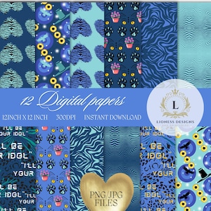 Peut inclure: Ensemble de 12 papiers numériques avec divers motifs, notamment des imprimés animaliers, des cœurs et des motifs floraux. Les papiers mesurent 30,48 cm x 30,48 cm et sont téléchargeables instantanément. Le texte "I'LL BE YOUR IDOL" et "PNG/JPG FILES" est également présent.