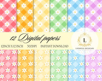 Daisy Gingham Seamless Paper: Multicolor Floral Pattern (Digital Download)
