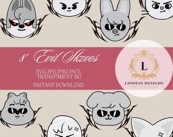 Op de afbeelding: Een verzameling van acht cartoon dierengezichten met boze uitdrukkingen, elk omringd door een zwart, vlamachtig ontwerp. De afbeelding bevat de tekst "8 Evil Skzoos" en "Instant Download".