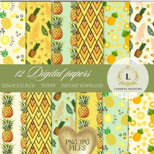 May include: A collection of 12 digital papers with pineapple and geometric patterns in yellow, green, and gold. The papers are 12 inches by 12 inches and 300 DPI. The image includes the text "Digital papers" and "Instant Download".