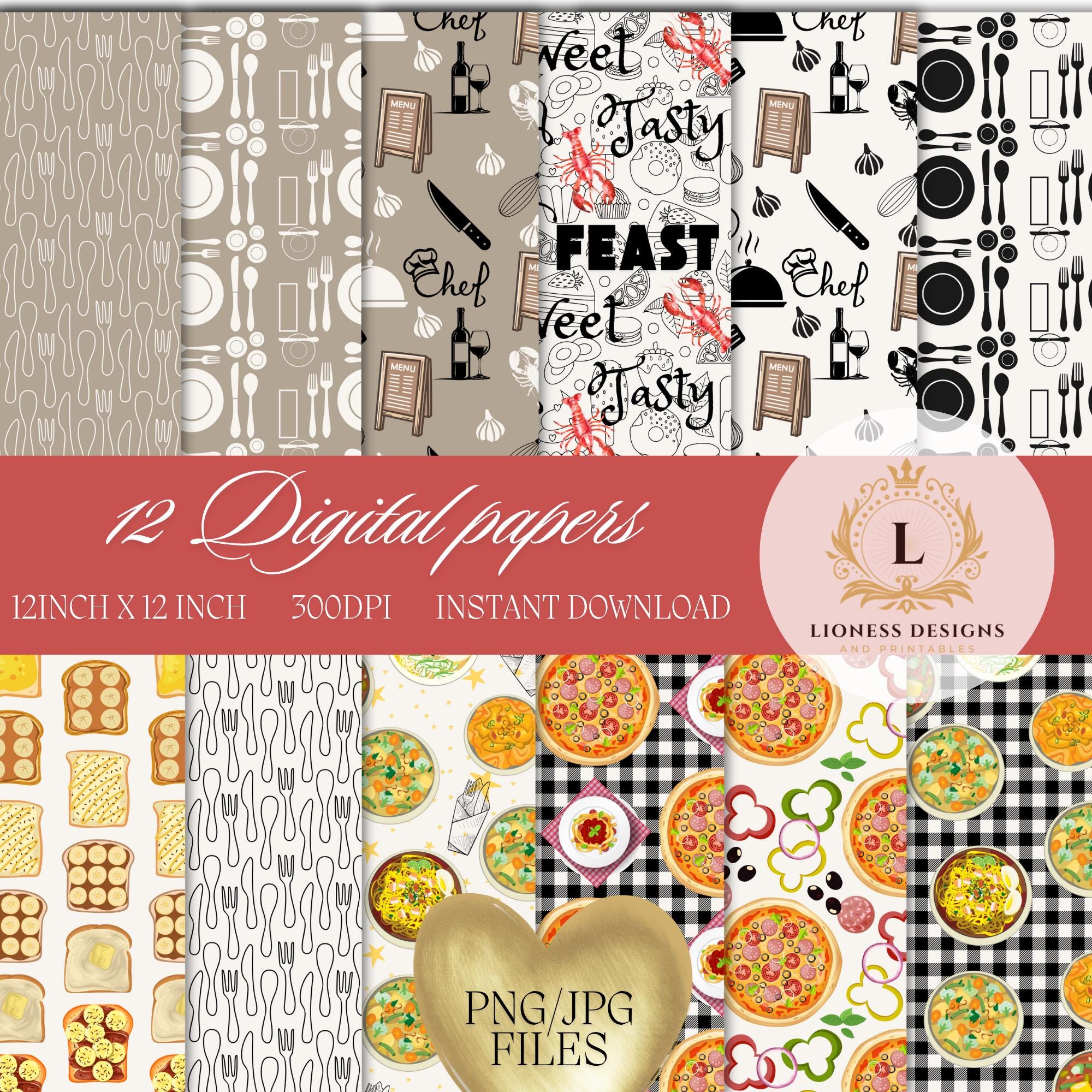 Restaurant Food Seamless Patterns, Black White and Beigh, Scrapbooking ...