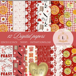 May include: A collection of 12 digital papers with various food-themed patterns. Designs include pizza, cutlery, chef illustrations, and text that reads "Tasty Feast". The papers are 12 inches by 12 inches and available for instant download.