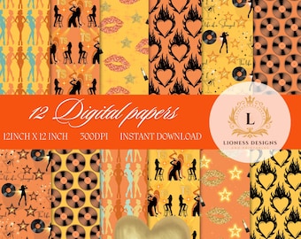 Showgirl Digital Paper: Orange Seamless Design, Scrapbook Paper (PNG, JPG Downloadable Files)