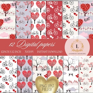 Valentine Bicycle Heart Digital Paper: Seamless Scrapbooking (PNG & JPG)