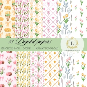 Modello digitale senza soluzione di continuità con tulipani rosa e arancioni su carta - Motivo floreale con tulipani per uso personale e commerciale di piccole dimensioni, carta per scrapbooking.
