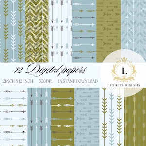 May include: Twelve digital papers with arrow patterns in shades of blue, green, and white. The papers are 12 inches by 12 inches and 300 DPI. The text "12 Digital Papers", "12INCH X 12 INCH", "300DPI", and "INSTANT DOWNLOAD" is included in the image.