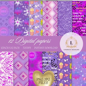 May include: A collection of 12 digital papers with various patterns in shades of purple, including geometric shapes, animal prints, and floral designs. The papers are 12 inches by 12 inches and available for instant download.