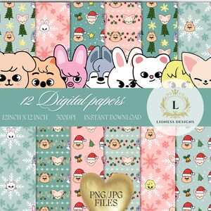 May include: A collection of 12 digital papers with various patterns featuring cartoon animal faces, snowflakes, and Christmas-themed elements. The papers are 12 inches by 12 inches and available for instant download. The design includes the text "12 Digital papers".