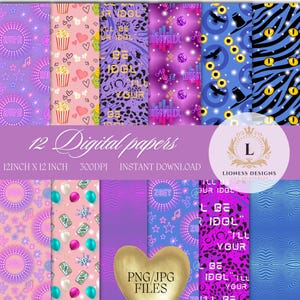 Può includere: Una collezione di 12 carte digitali con vari motivi nei toni del viola, rosa e blu. I disegni includono testo, cuori, popcorn, palloncini e stampe animalier. Ogni carta misura 30,48 cm x 30,48 cm.
