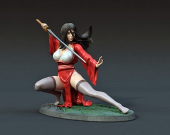 May include: A red and white figurine of a woman in a fighting pose, holding a sword. She is wearing a red kimono with white accents and has long black hair.