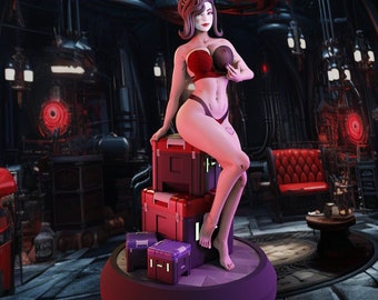 May include: A figurine of a woman wearing a red and black outfit, standing on top of three stacked crates. The woman is holding a small, round object in her hand. The figurine is set on a purple base.