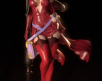 Puede incluir: Una figura de bruja roja y negra con una peluca rosa, un sombrero rojo y un vestido rojo. Lleva una bolsa morada y un gato rojo está sentado a sus pies.