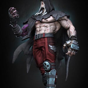 Op de afbeelding: Een gespierd figuur dat een zwarte kapmantel, een rode broek en metalen bepantsering op zijn benen en armen draagt. Het figuur heeft een lange witte baard en staat in een dramatische pose.