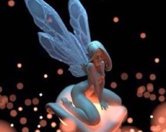 May include: A blue fairy with translucent wings sits on a glowing hand-shaped object. The fairy has long blonde hair and is wearing a white dress. The background is a blur of orange and white lights.