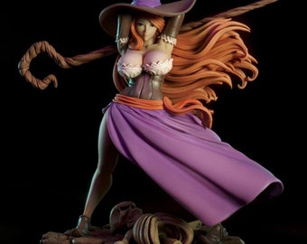 May include: A purple-robed female figurine with long red hair, wearing a brown witch hat with a purple band, holding a staff with a brown, curled end. The figurine is standing on a rocky base with a skull and rope.