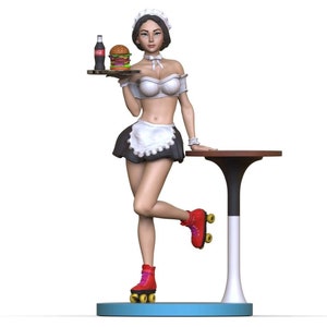May include: A woman wearing a black and white maid outfit and red roller skates is holding a tray with a hamburger and a bottle of soda. She is standing next to a small round table.