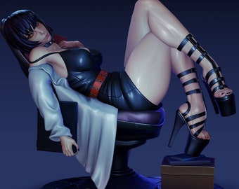 May include: A woman in a black dress and white coat sits in a chair with her legs crossed. She is wearing black high-heeled shoes with straps. The chair is on a platform with a box next to it.