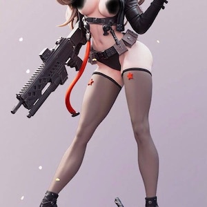 May include: A female action figure with long blonde hair, wearing a black leather jacket, a black and red belt, black thigh-high stockings with red stars, and black boots. She is holding a black gun and has a red star on her hat.