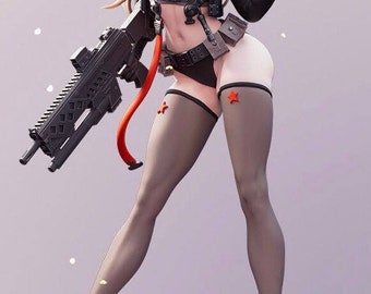 May include: A female action figure with long blonde hair, wearing a black leather jacket, a black and red belt, black thigh-high stockings with red stars, and black boots. She is holding a black gun and has a red star on her hat.