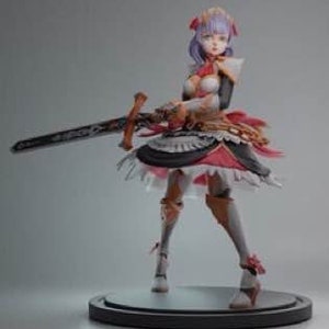 May include: A figurine of a female character with purple hair, wearing a white and red dress with a black apron, holding a sword. She is wearing a crown and a white collar with a red bow. The figurine is standing on a round base.