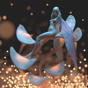 May include: A white figurine of a fairy with wings sitting on a mushroom-shaped base. The fairy has long hair and is wearing a white dress. The base is made of several mushroom-shaped pieces, and the fairy is sitting on the top piece. The background is a dark blue with white lights.