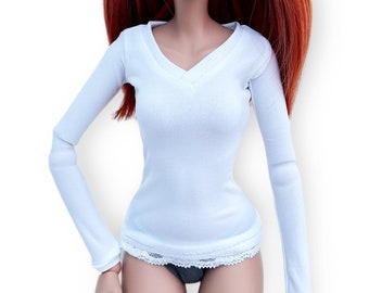 Smart Doll Stain Prevention White Lace Long Sleeve Open V Neck Top SmartDoll Top Smart Doll Lace Tee Long Sleeved Winter Clothing Protection