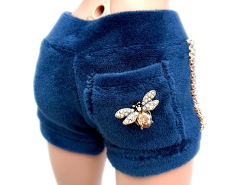 Smart Doll shorts 'Glamour Bee' indigo navy cuddle soft luxe velour shorts sparkle, pocket, diamonte crystal bling stripes